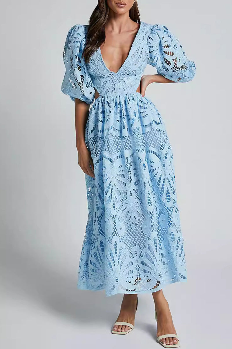 Vestido sexy de encaje liso bordado con escote en V ahuecado (4 colores)