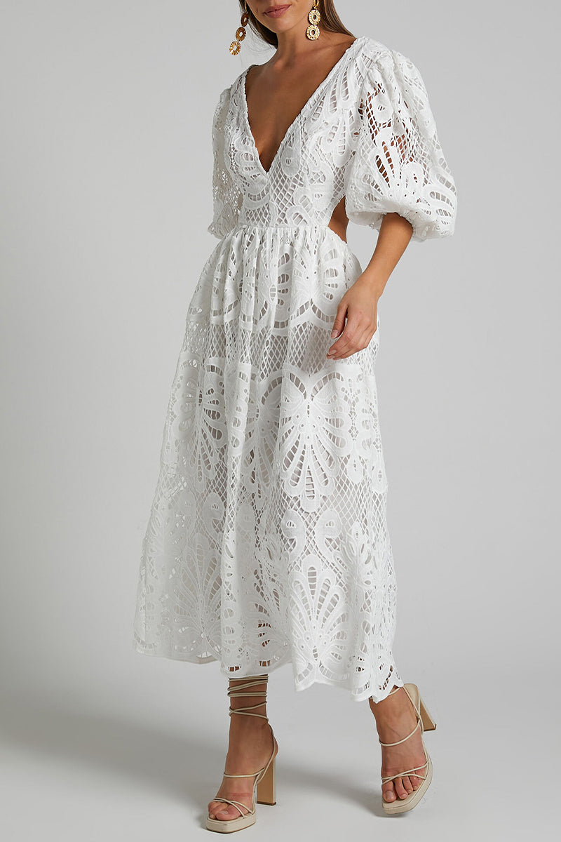 Vestido sexy de encaje liso bordado con escote en V ahuecado (4 colores)