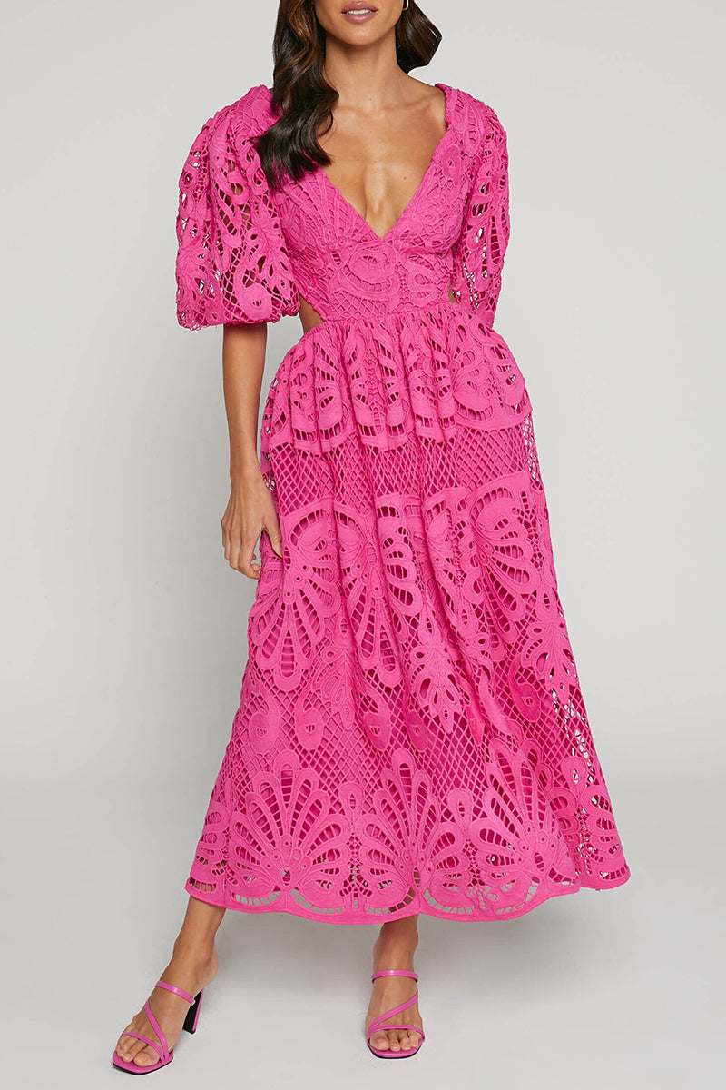 Vestido sexy de encaje liso bordado con escote en V ahuecado (4 colores)