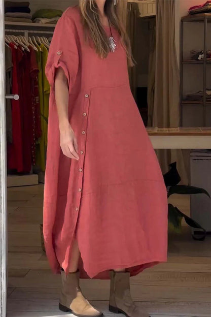 Vestido informal sencillo de manga corta con cuello redondo y botones lisos (6 colores)