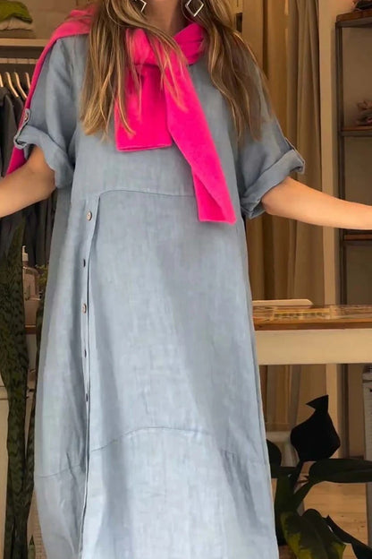 Vestido informal sencillo de manga corta con cuello redondo y botones lisos (6 colores)