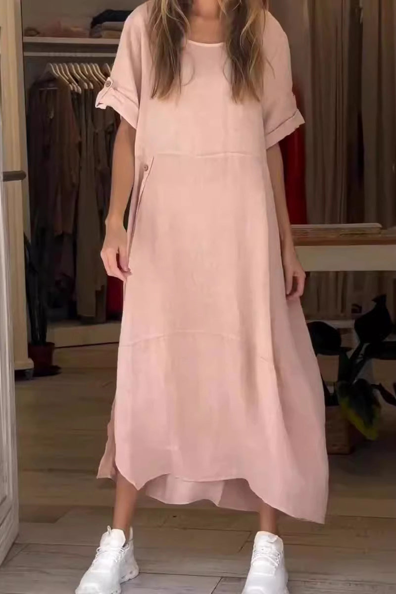 Vestido informal sencillo de manga corta con cuello redondo y botones lisos (6 colores)