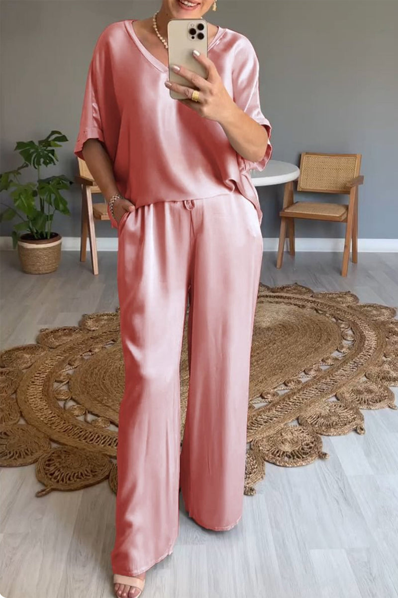 Conjunto informal sencillo de dos piezas con cuello en V, manga corta y bolsillos lisos (10 colores)