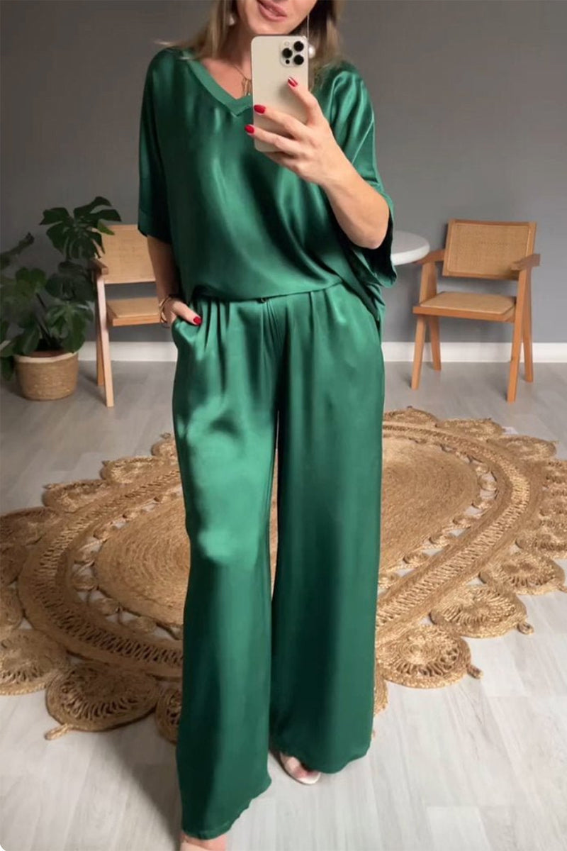 Conjunto informal sencillo de dos piezas con cuello en V, manga corta y bolsillos lisos (10 colores)