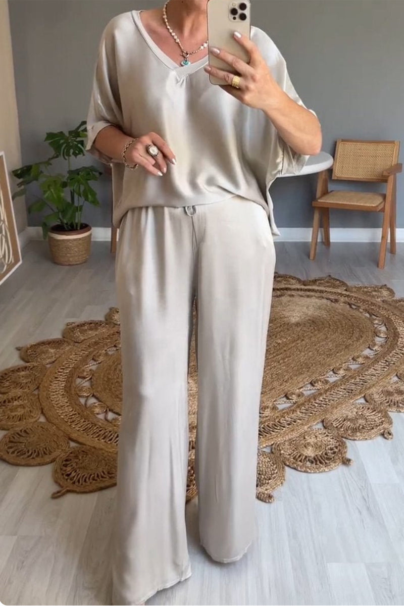 Conjunto informal sencillo de dos piezas con cuello en V, manga corta y bolsillos lisos (10 colores)