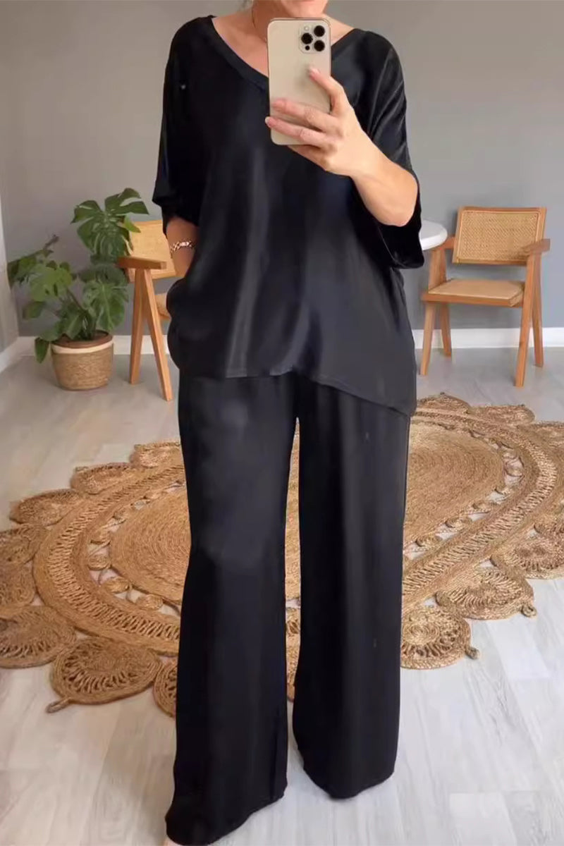 Conjunto informal sencillo de dos piezas con cuello en V, manga corta y bolsillos lisos (10 colores)