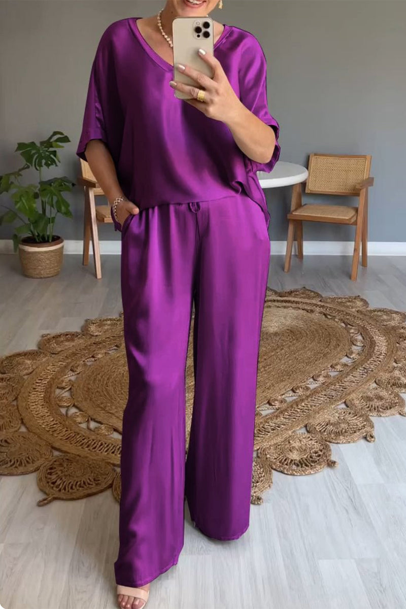 Conjunto informal sencillo de dos piezas con cuello en V, manga corta y bolsillos lisos (10 colores)