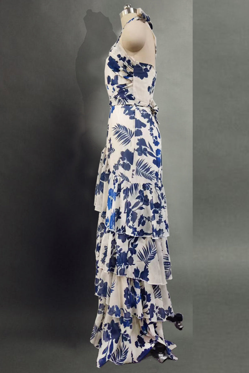 Elegantes vestidos asimétricos con cuello halter y volantes florales