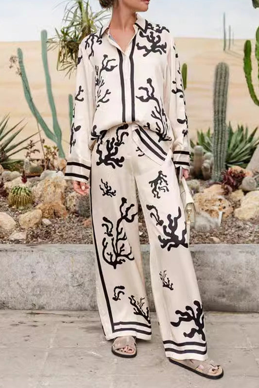 Conjunto informal de dos piezas con cuello vuelto, manga larga y estampado geométrico para vacaciones