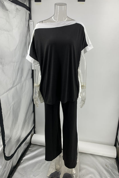 Conjunto de dos piezas informal de rayas con cuello oblicuo y media manga