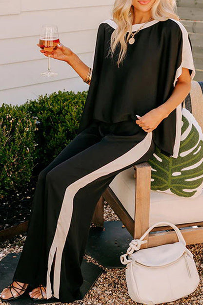 Conjunto de dos piezas informal de rayas con cuello oblicuo y media manga