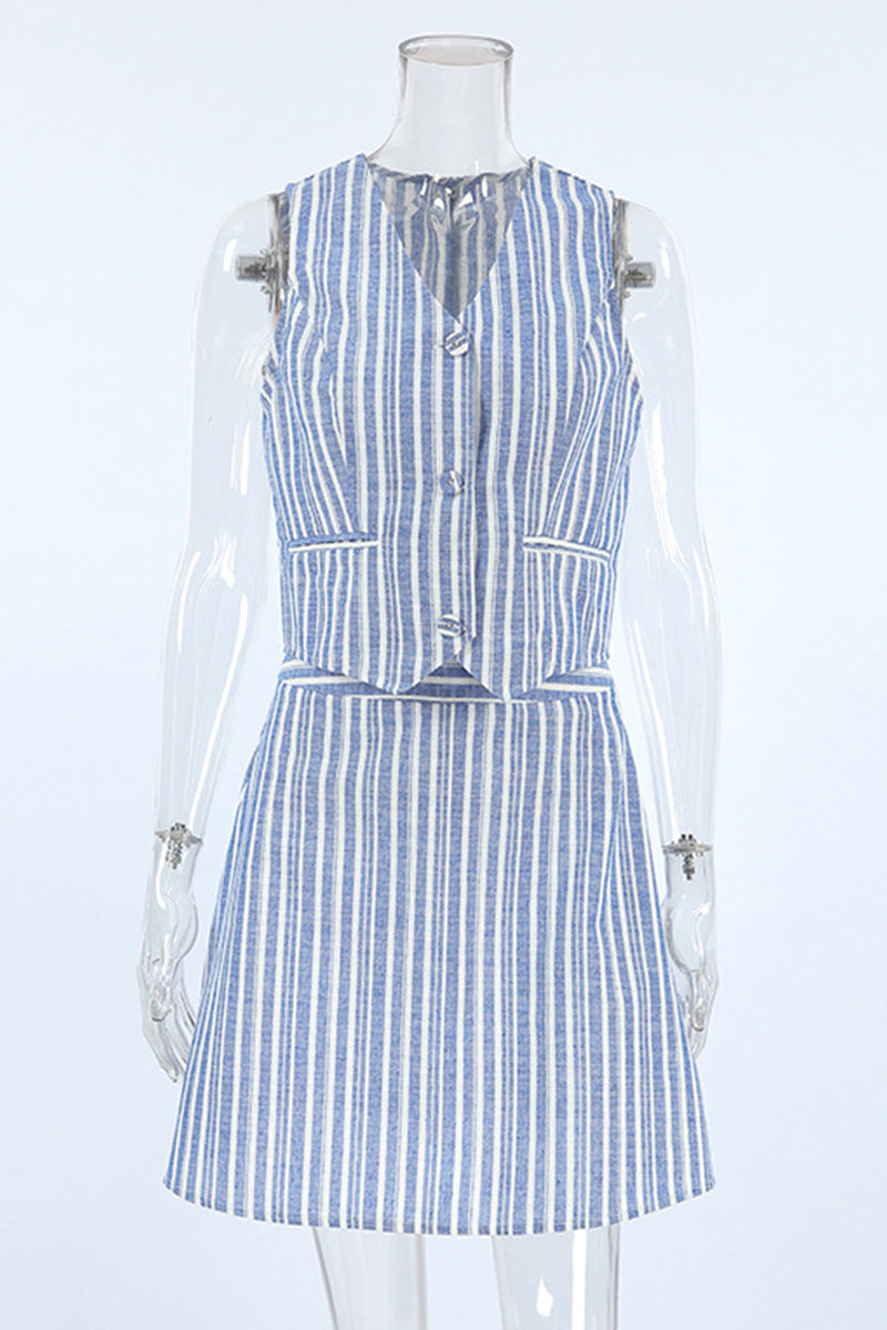 Conjunto elegante de dos piezas con cuello en V, sin mangas y rayas en contraste