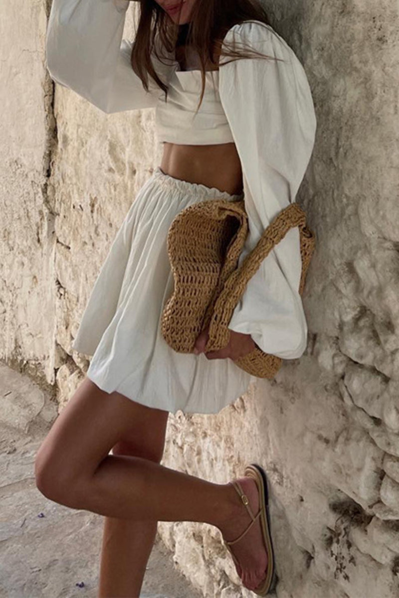 Conjunto de dos piezas sexy de manga larga con cuello cuadrado y pliegues de frenillo liso