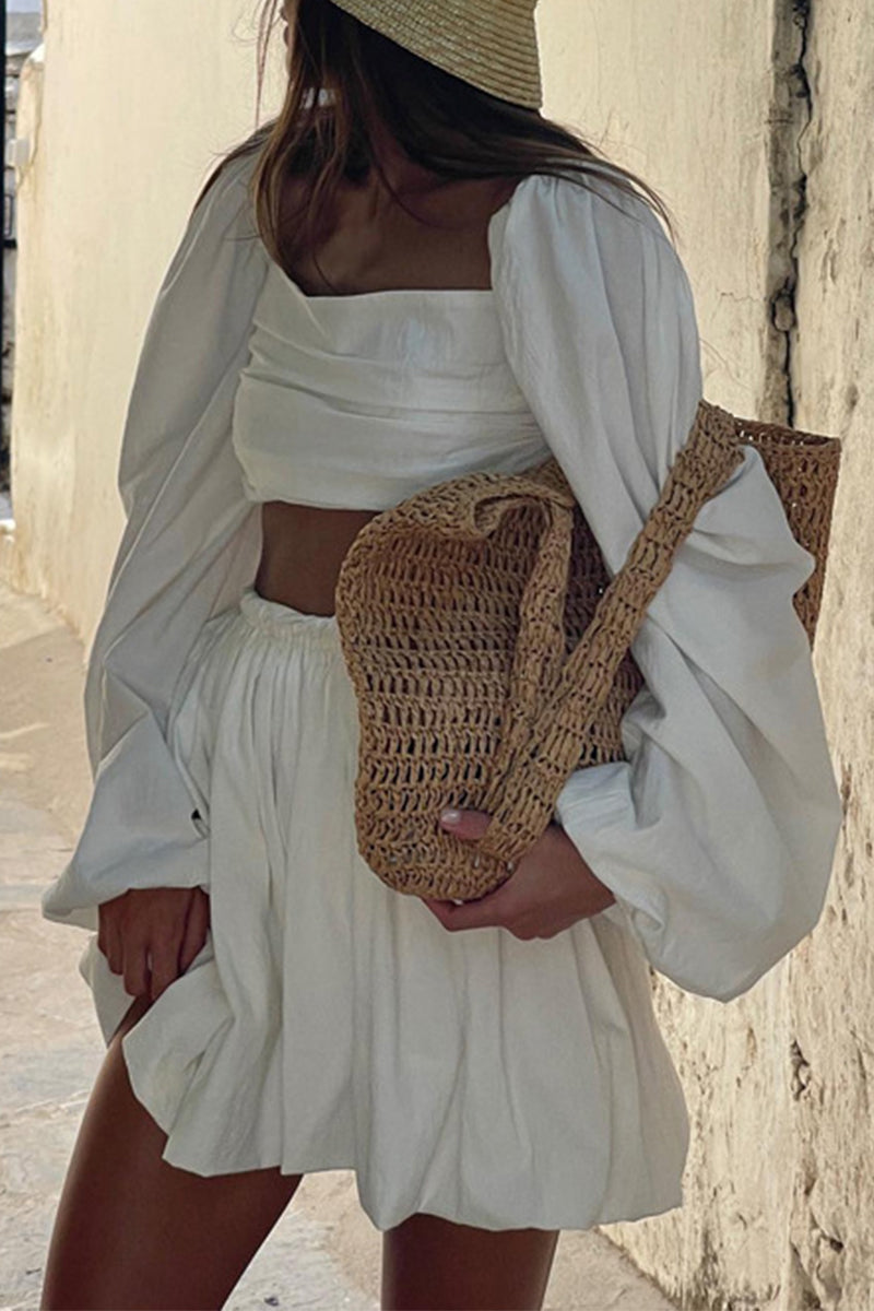 Conjunto de dos piezas sexy de manga larga con cuello cuadrado y pliegues de frenillo liso