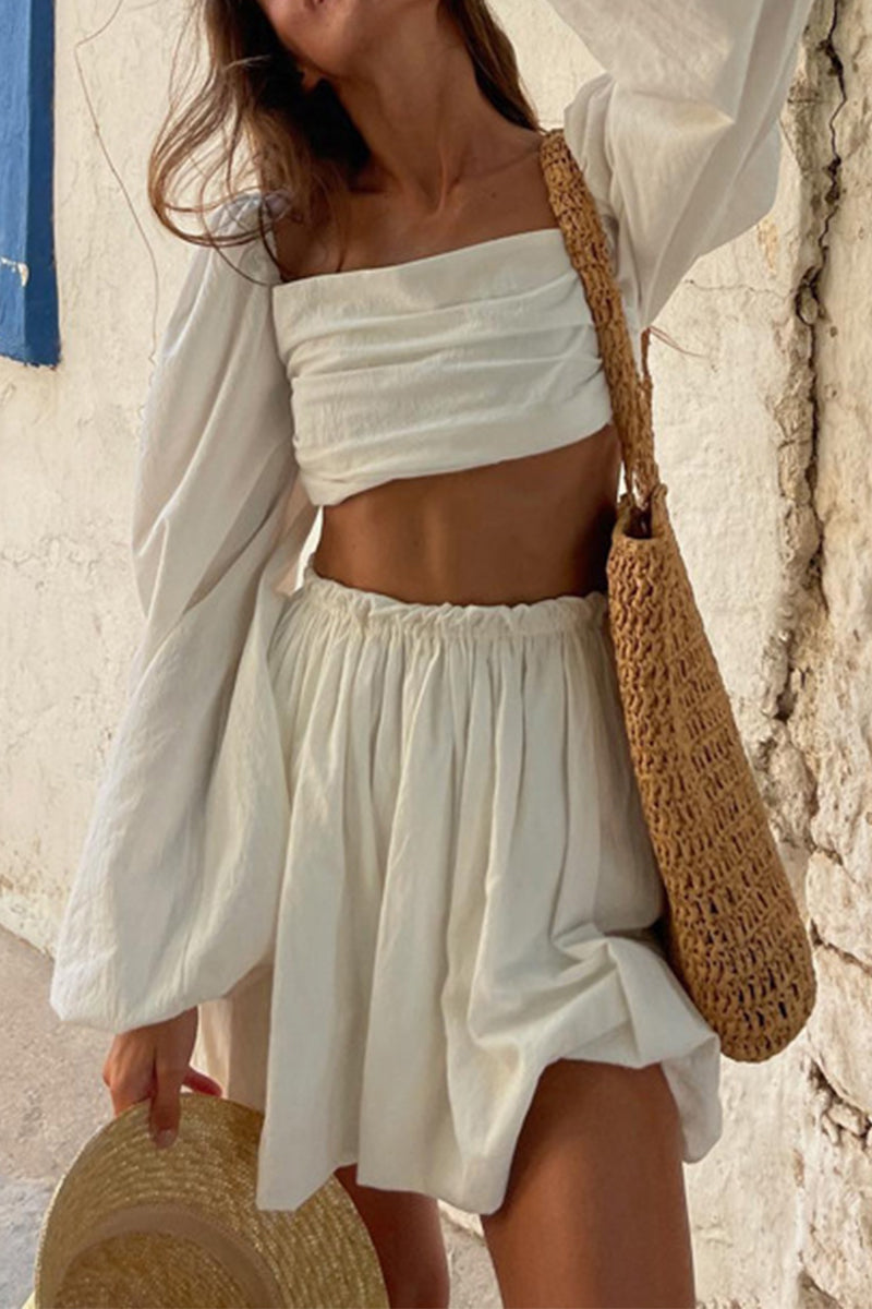 Conjunto de dos piezas sexy de manga larga con cuello cuadrado y pliegues de frenillo liso