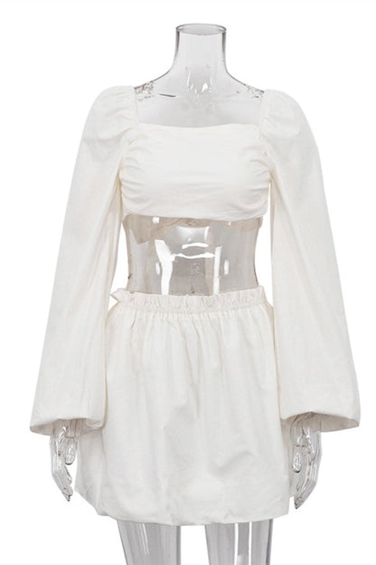 Conjunto de dos piezas sexy de manga larga con cuello cuadrado y pliegues de frenillo liso