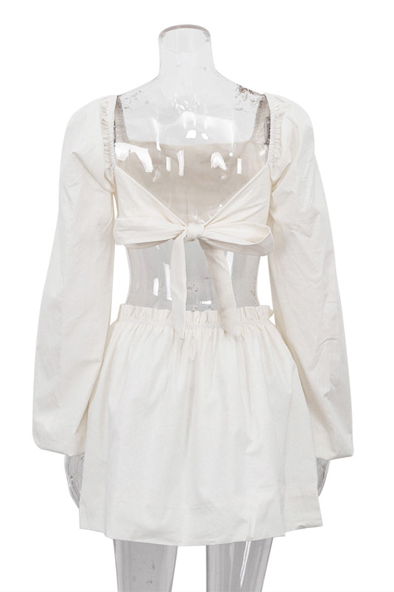 Conjunto de dos piezas sexy de manga larga con cuello cuadrado y pliegues de frenillo liso