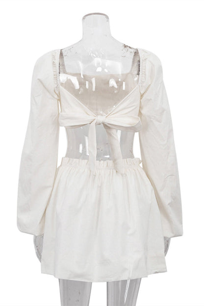 Conjunto de dos piezas sexy de manga larga con cuello cuadrado y pliegues de frenillo liso