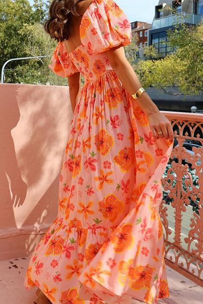 Vestidos elegantes de corte A con cuello cuadrado y estampado de flores