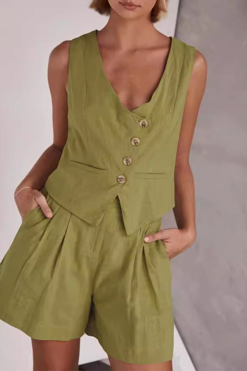 Conjunto de dos piezas informal sencillo, liso, con bolsillos, botones, escote en V y sin mangas