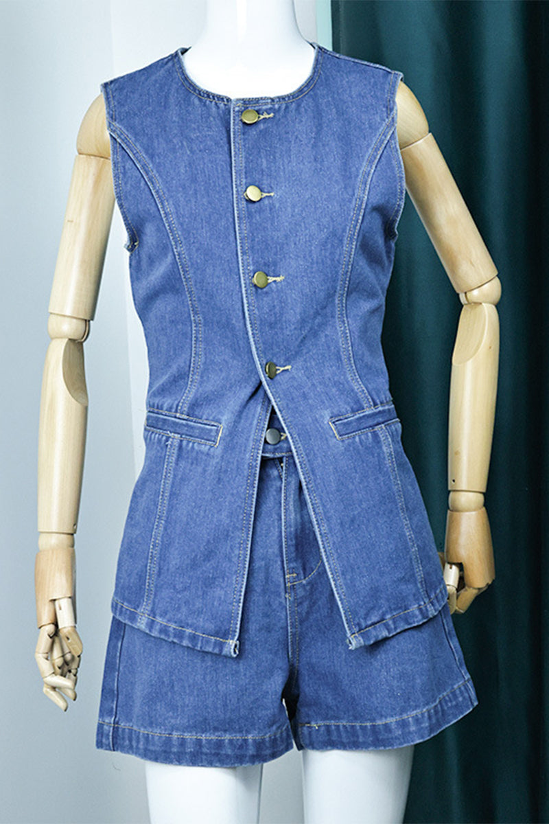 Conjunto de dos piezas informal sencillo con botones, abertura y cuello redondo, sin mangas