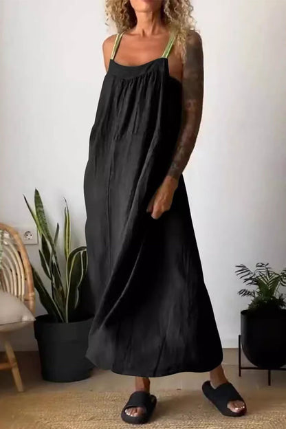 Vestidos casuales sencillos con bolsillos lisos, cuello cuadrado y tirantes (8 colores)