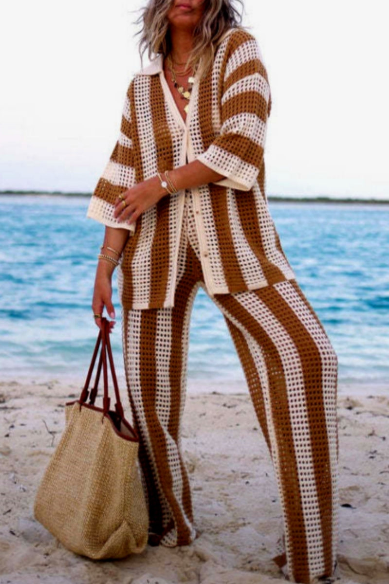 Conjunto de dos piezas informal de patchwork con escote en V, manga larga y contraste ahuecado