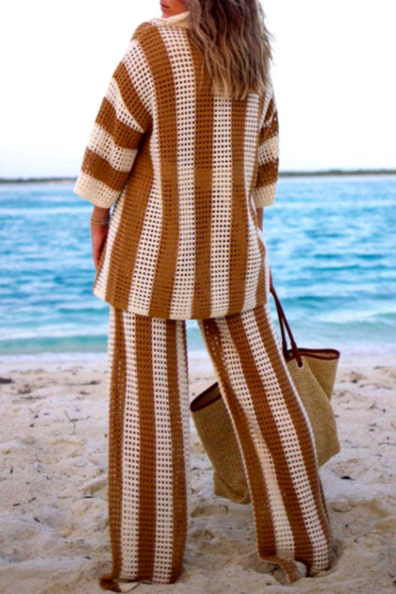 Conjunto de dos piezas informal de patchwork con escote en V, manga larga y contraste ahuecado