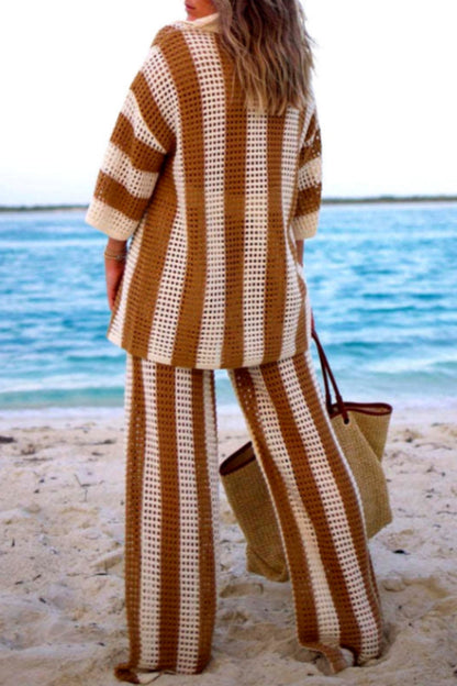 Conjunto de dos piezas informal de patchwork con escote en V, manga larga y contraste ahuecado