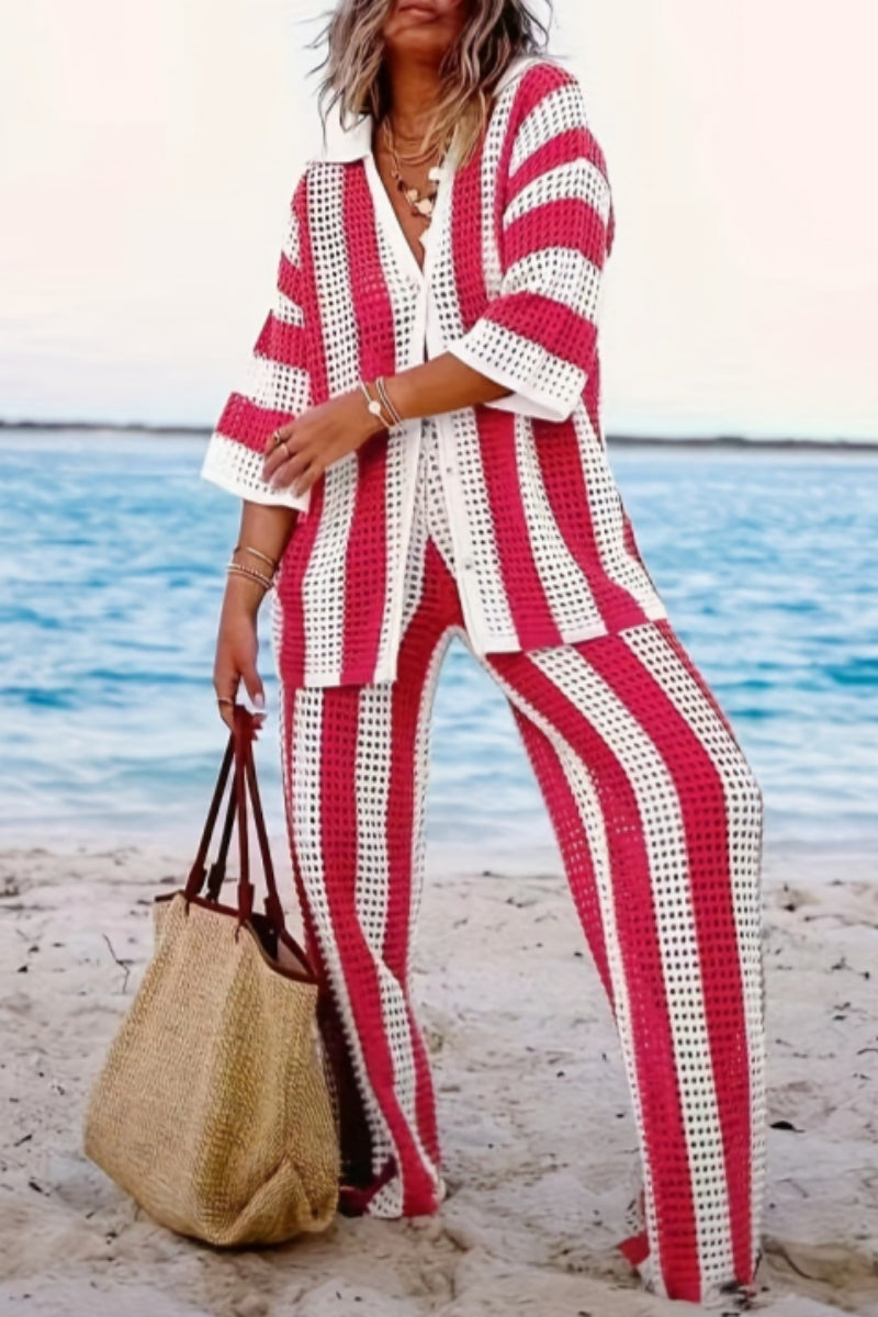 Conjunto de dos piezas informal de patchwork con escote en V, manga larga y contraste ahuecado