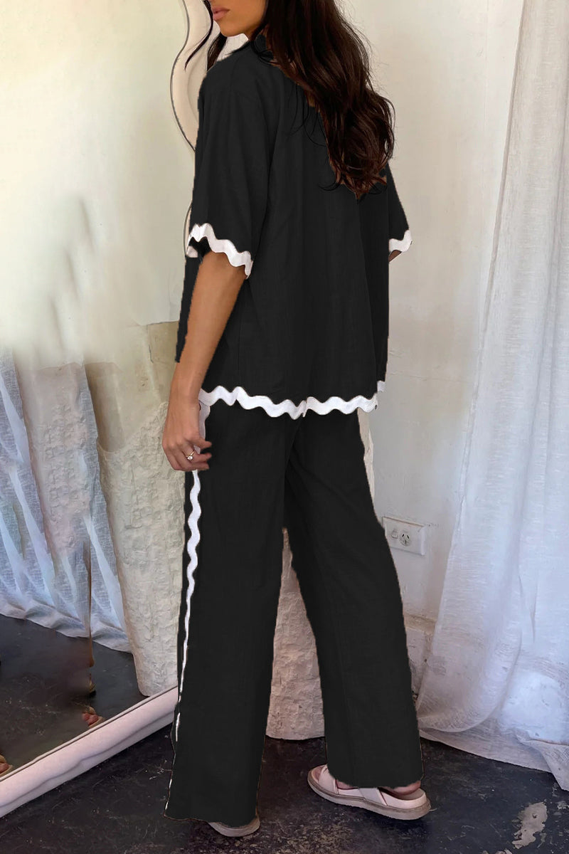 Conjunto de dos piezas informal sencillo con cuello barco, manga larga y diseño ondulado de patchwork