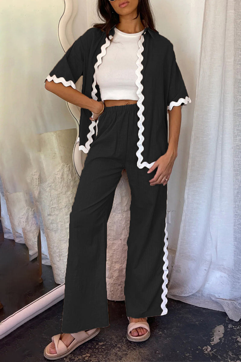 Conjunto de dos piezas informal sencillo con cuello barco, manga larga y diseño ondulado de patchwork