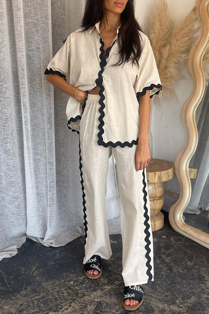 Conjunto de dos piezas informal sencillo con cuello barco, manga larga y diseño ondulado de patchwork