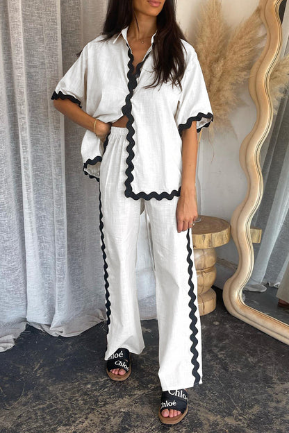 Conjunto de dos piezas informal sencillo con cuello barco, manga larga y diseño ondulado de patchwork