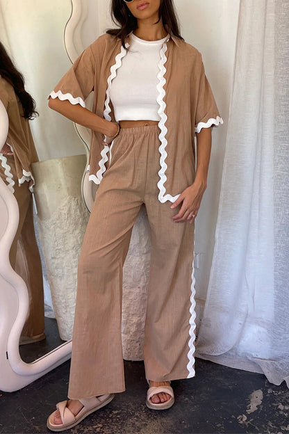 Conjunto de dos piezas informal sencillo con cuello barco, manga larga y diseño ondulado de patchwork