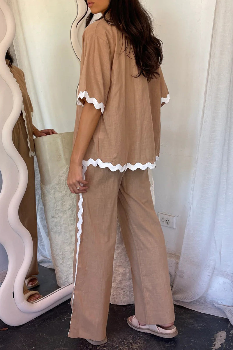 Conjunto de dos piezas informal sencillo con cuello barco, manga larga y diseño ondulado de patchwork