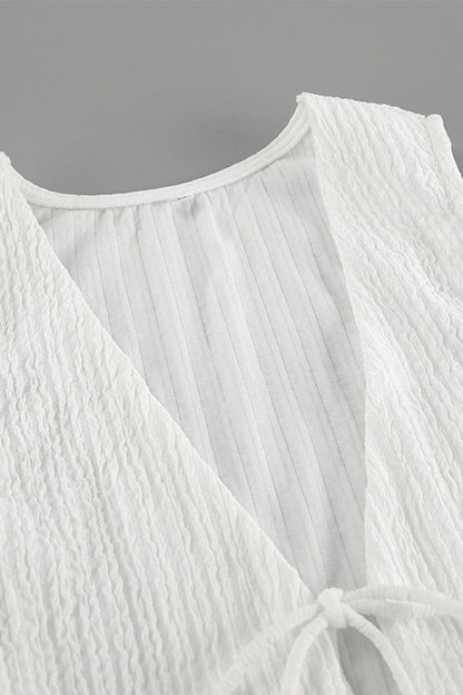 Conjunto de dos piezas informal sencillo, liso, con frenillo, pliegues, escote en V y sin mangas