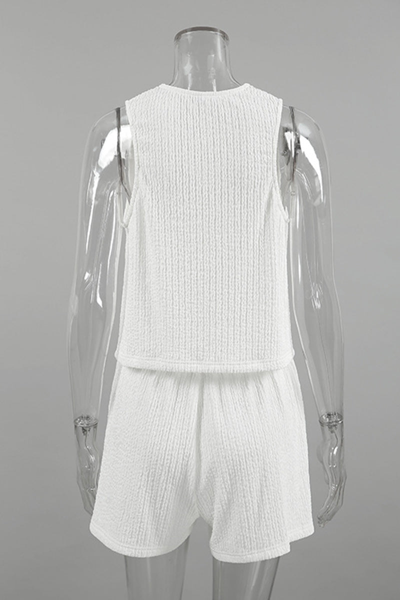 Conjunto de dos piezas informal sencillo, liso, con frenillo, pliegues, escote en V y sin mangas