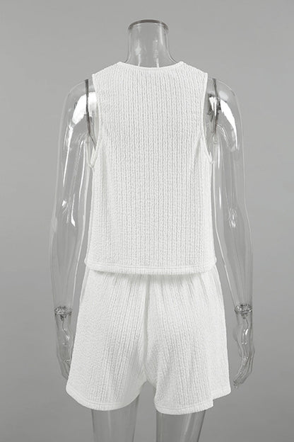 Conjunto de dos piezas informal sencillo, liso, con frenillo, pliegues, escote en V y sin mangas