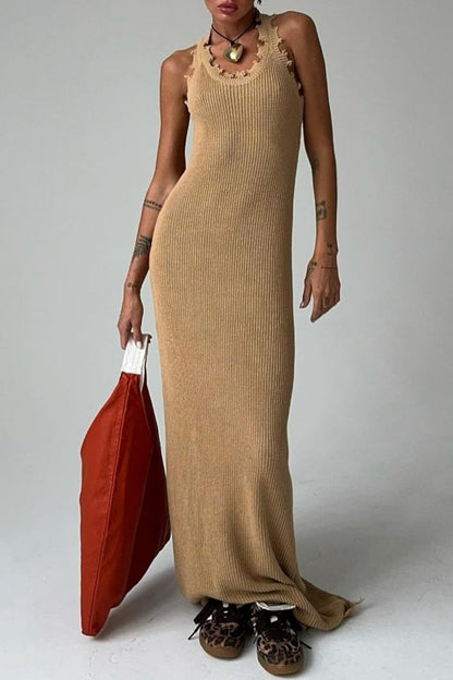 Vestidos casuales sencillos con falda de un solo paso, con cuello redondo y rotos.