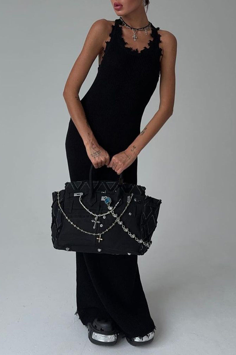 Vestidos casuales sencillos con falda de un solo paso, con cuello redondo y rotos.