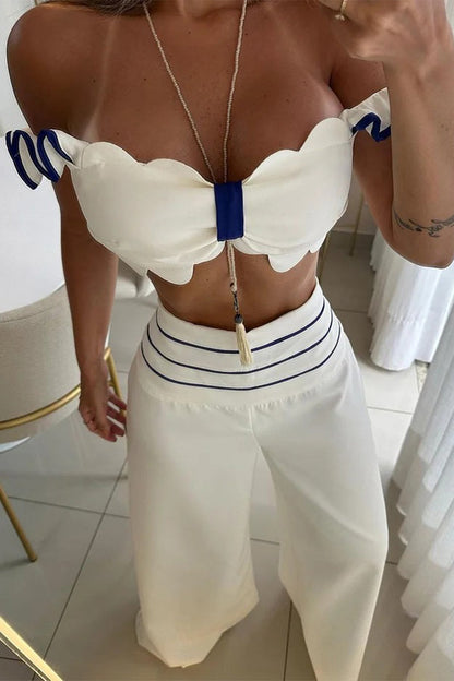 Elegante simplicidad, patchwork sólido, volantes, hombros descubiertos, dos piezas