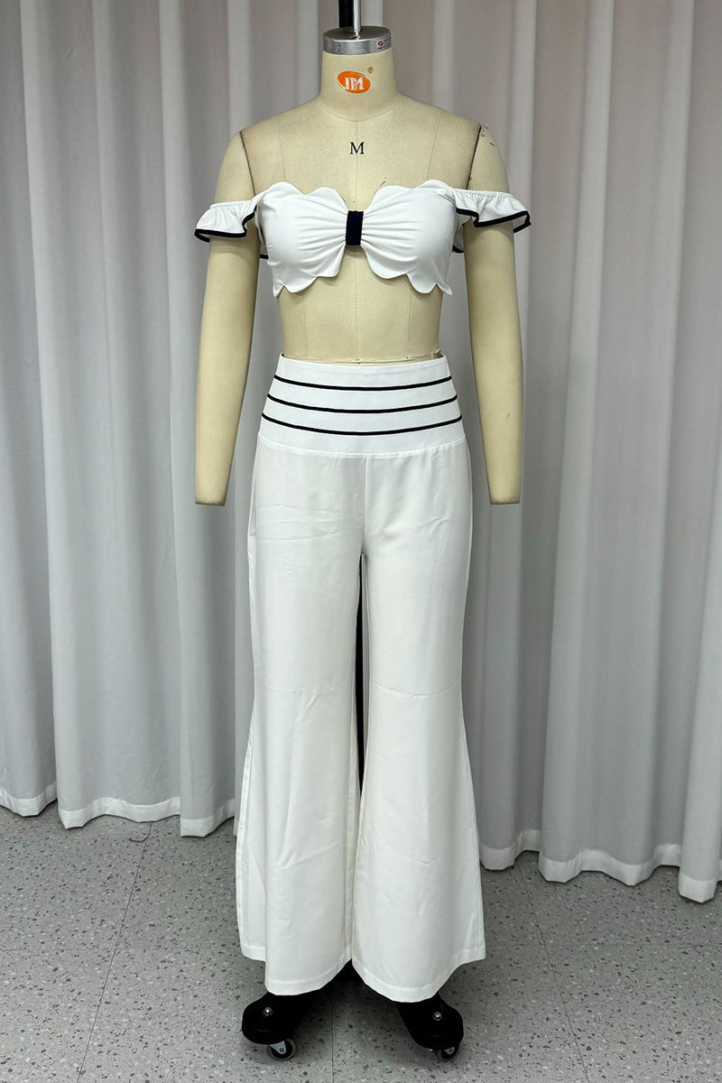 Elegante simplicidad, patchwork sólido, volantes, hombros descubiertos, dos piezas