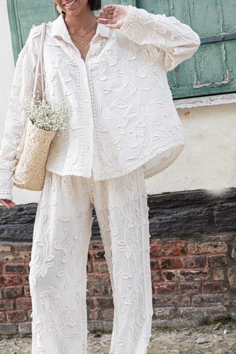 Conjunto informal de dos piezas de manga larga con cuello vuelto y jacquard liso