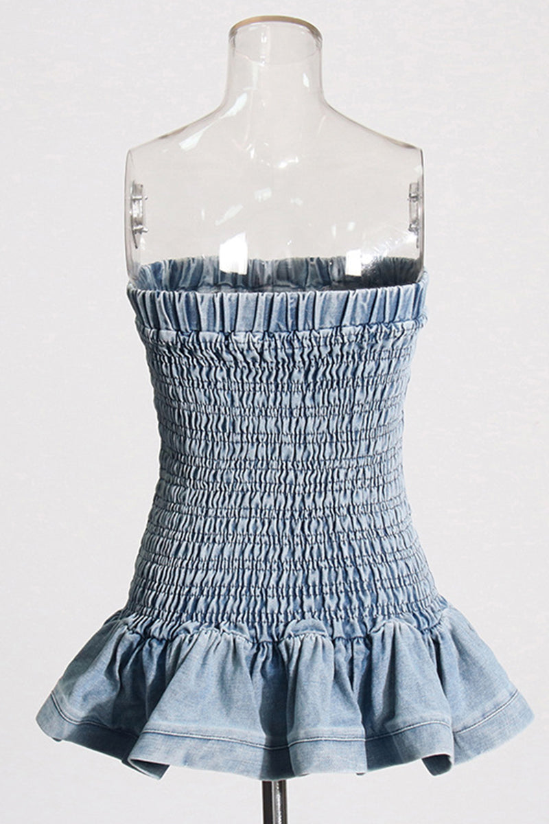 Tops vaqueros ajustados sexis informales de color liso sin espalda, sin tirantes y sin mangas