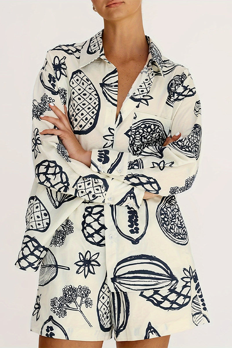 Conjunto de dos piezas con cuello vuelto, manga larga y bolsillo con estampado de grafiti informal