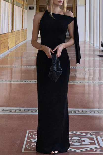 Vestidos elegantes de celebridades con falda de un solo paso, cuello oblicuo y frenillo liso