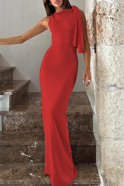 Vestidos elegantes de celebridades con falda de un solo paso, cuello oblicuo y frenillo liso (5 colores)