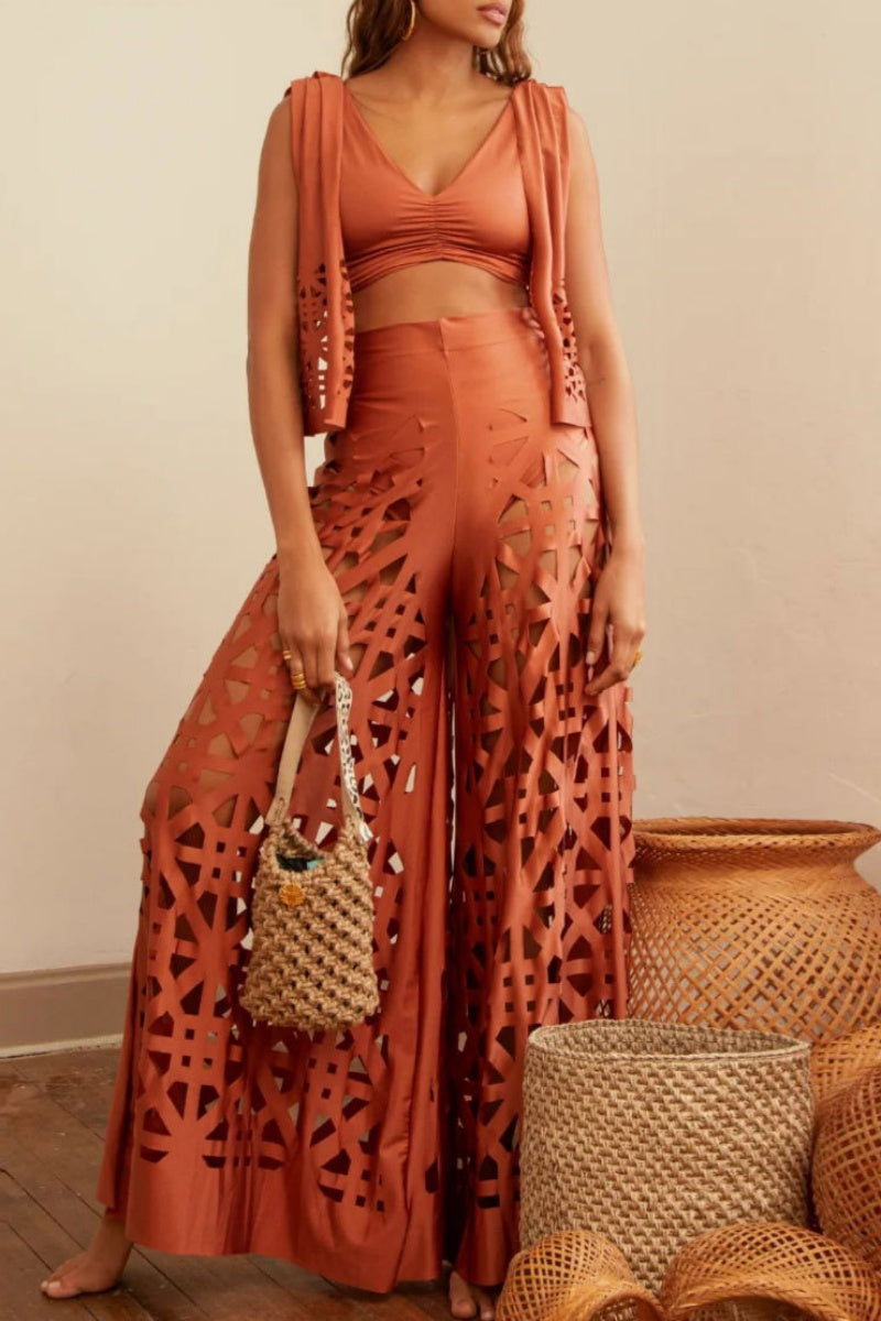 Conjunto informal de dos piezas, liso, ahuecado, con escote en V y sin mangas (3 colores)