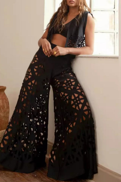 Conjunto informal de dos piezas, liso, con escote en V ahuecado y sin mangas (3 colores)